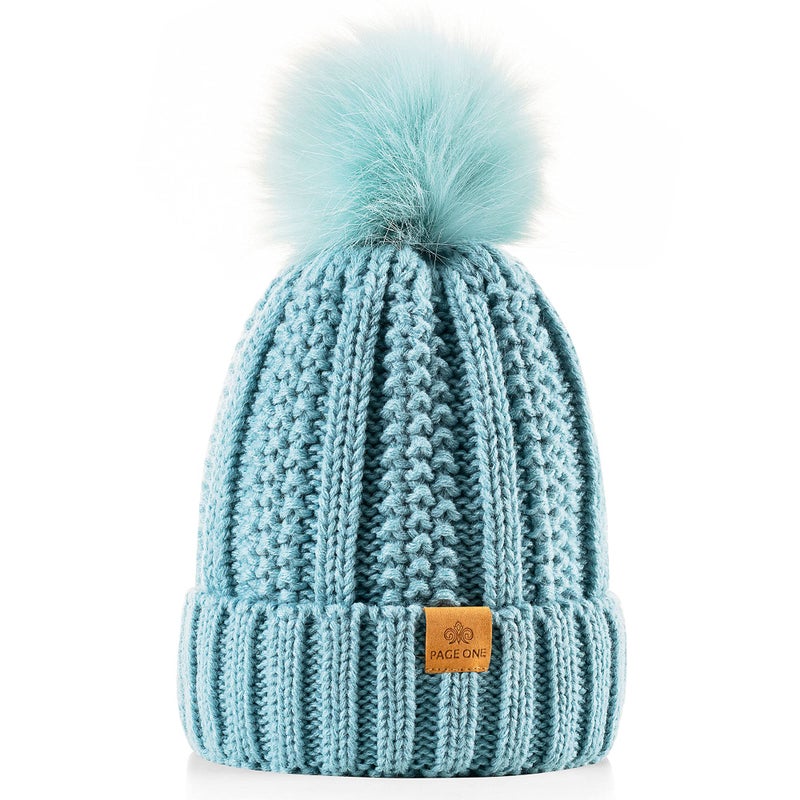 PAGE ONE Womens Winter Thick Cable Knit Beanie Faux Fur Pom Hat Fleece Lined Skull Cap Sky Blue - Image 1